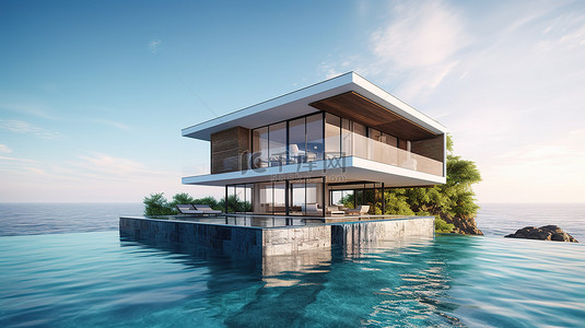 海景房地产背景图片_现代海景住宅，带 3D 泳池