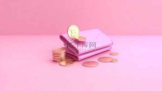 数字交易信用卡电子钱包和粉红色背景上堆积的硬币说明在线支付和无现金社会