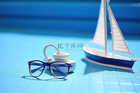 日光庭院背景图片_蓝色泳池顶部的模型帆船和护目镜