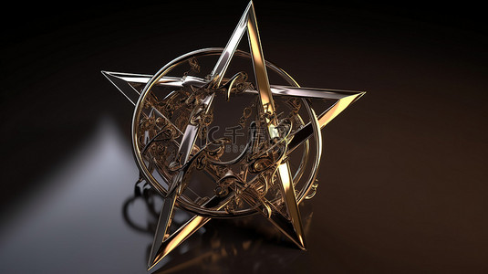 五角星音符 3D 渲染，具有闪闪发光的金属饰面