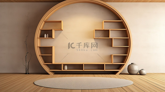 房间内背景图片_简约日式房间内的圆形壁架，配有 3D 渲染的榻榻米地板
