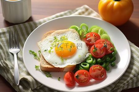 盘子里放一个鸡蛋番茄和其他蔬菜