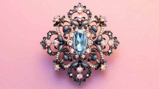 复古巴洛克胸针，粉红色背景上镶有蓝色钻石宝石，双色调风格 3D 渲染
