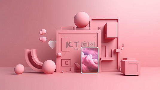 粉红色插图 3D 社交媒体设计，具有几何形状相框和喜欢按钮