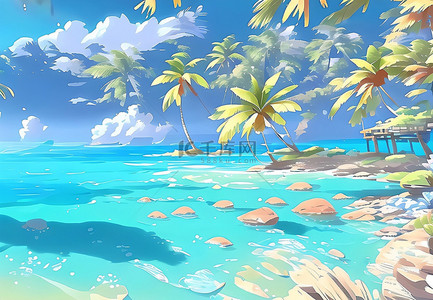 沙滩植物背景图片_海滩椰子树景色蓝色清爽