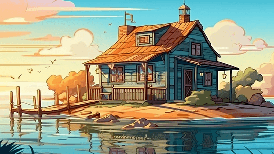 房子海边度假插画背景