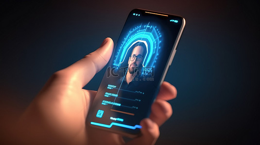 安全智能手机应用程序登录与卡通手面部识别和用户界面 3D 插图