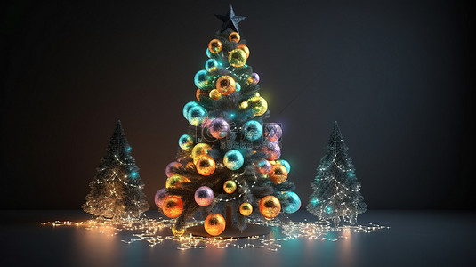 金雪背景图片_3D 渲染中装饰和照明的圣诞树
