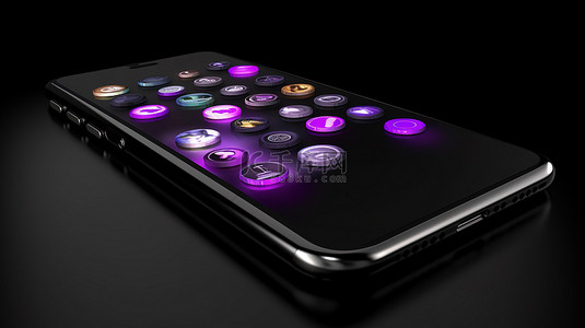 电话线路背景图片_显示带有时尚紫黑色背景的 3D 渲染应用程序按钮的移动屏幕