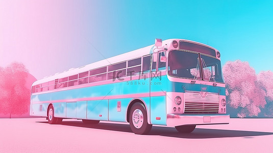 粉红色车背景图片_巨大的蓝色双色调旅游巴士，以 3D 制作的粉红色背景为背景