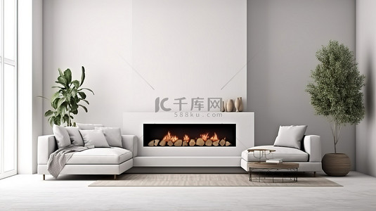 白色墙壁简约客厅中现代壁炉的 3D 渲染