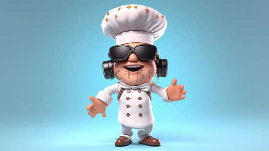 迷人的 3D 厨师角色戴着 VR 头饰