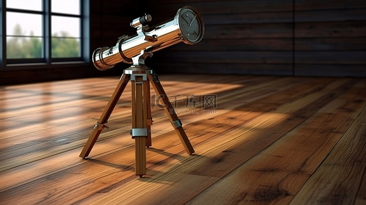 3D 渲染复古木地板与三脚架安装的望远镜