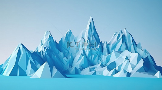 柔和的蓝色 3d 渲染中的低聚风格山