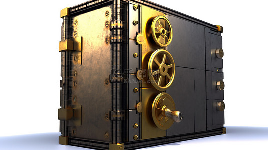 金色比特币安全地存储在 3d 渲染的复古金属保险箱中，白色背景