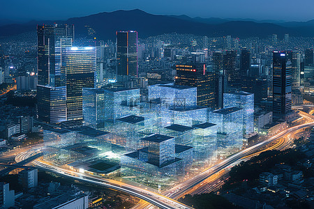 首尔城市背景图片_当车辆的灯光照亮整个城市时，城市的鸟瞰图