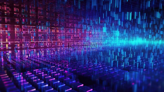 蓝色科技感电脑背景图片_带有黑客编码元素的蓝色和紫色数字矩阵背景的抽象数据概念 3D 渲染
