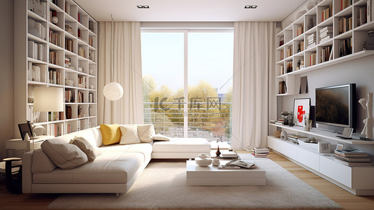 优雅的白色客厅配有白色沙发奶油色枕头书柜电视地毯和 3D 地毯