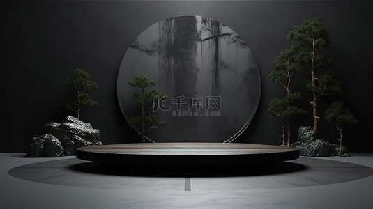 黑暗工作室环境中的简约禅宗舞台 3D 插图