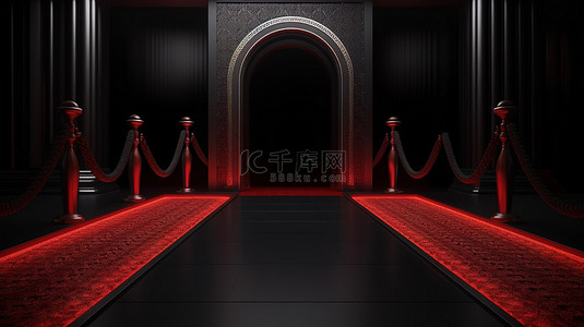 VIP 入口红绳屏障和 3D 渲染中的黑色阿拉伯门
