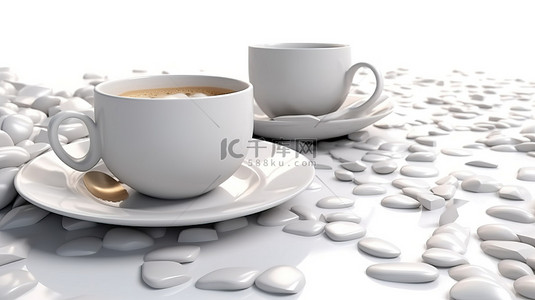 3d 渲染白色背景与陶瓷陶器和咖啡杯