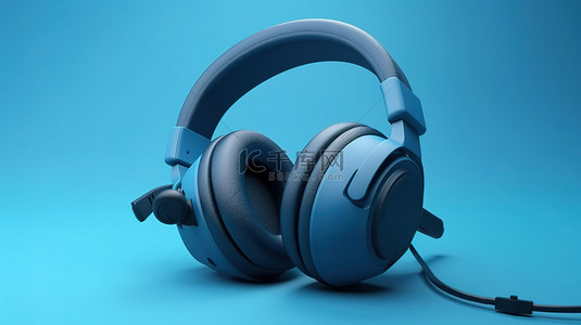 带麦克风和耳机的蓝色背景 3D 渲染耳机