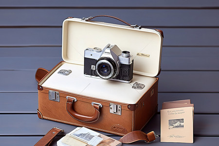 一个手提箱，里面有带相机的照片打印件和写好的便条