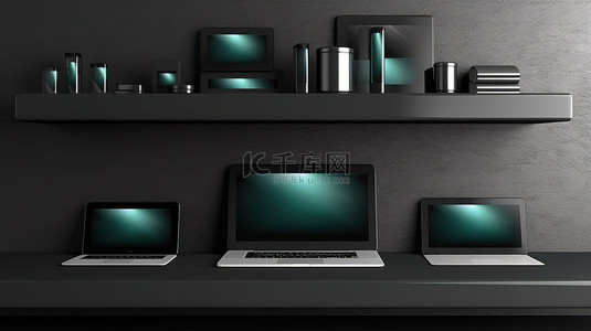 平板手机平板背景图片_黑色墙架上技术设备笔记本电脑手机平板电脑和电脑的 3D 插图