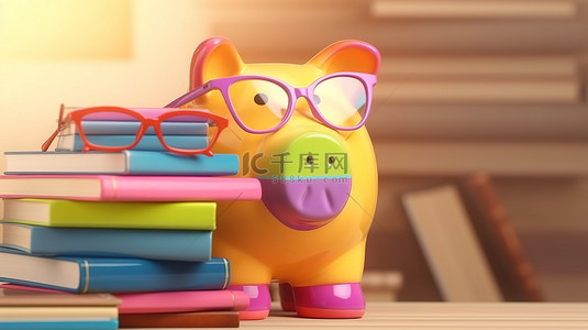 智能储蓄 3D 渲染的存钱罐，戴着眼镜，放在一堆彩色书籍上，用于创新教育