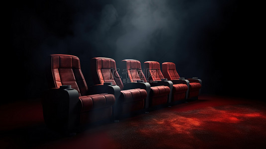 电影院环境，配有舒适的座椅和空白屏幕 3D 渲染概念