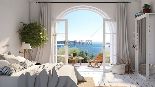 圣岛背景图片_圣托里尼岛风格卧室的 3D 渲染，享有令人惊叹的海景