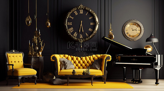 时尚精致的大钢琴古董钟和沙发，采用别致的黑色内饰 3D 插图