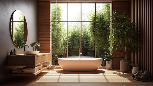 带窗景的现代热带木浴室 3d 渲染