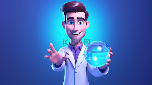 1 卡通风格 3D 插图，一名男医生拿着一颗大蓝色药丸