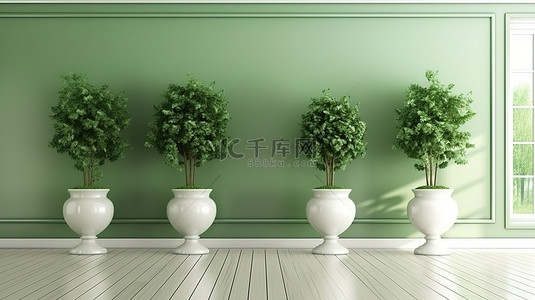 空房间里时尚精致的绿色墙板金属花瓶和木地板