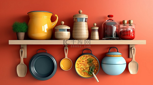 美食香料背景图片_带厨具和香料的吊盆的 3D 渲染