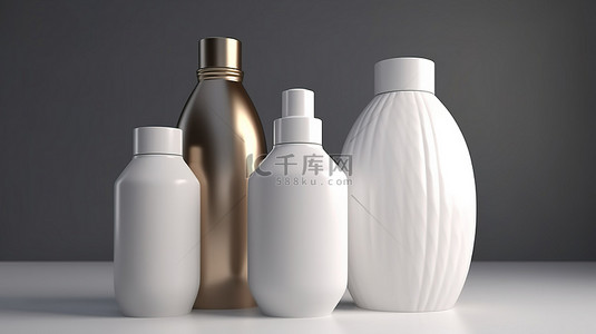 3D 渲染中化妆品瓶模型的美容产品包装套装