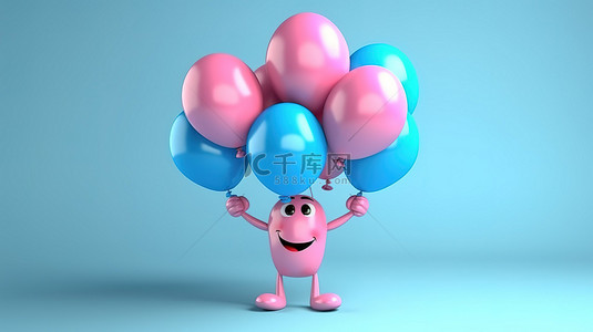 卡通人物的 3D 插图渲染，灵活无骨的手拿着气球重量