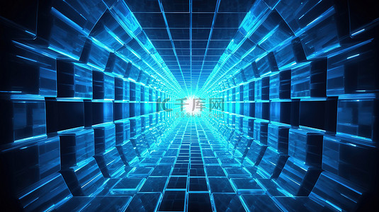 平面框背景图片_霓虹蓝色反射立方体块在 3D 渲染插图中的两个波平面之间形成抽象隧道