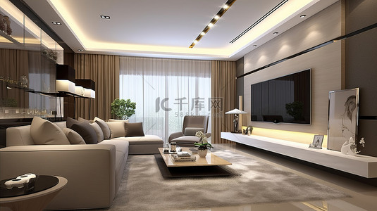 室内屏幕背景图片_电视屏幕丰富了 3D 客厅的现代感