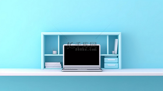 场景办公背景图片_带笔记本电脑的垂直蓝色架子的 3D 插图