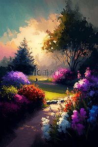 草地鲜花树天空阳光里的花园花卉油画背景