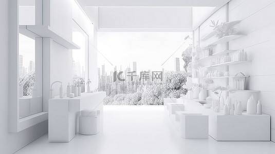 时尚现代的户外天际线背景，展示美容健康和医疗产品 3d 以纯白色呈现