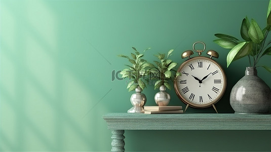 带木桌花瓶和绿色挂钟的别致家居室内装饰的 3D 渲染