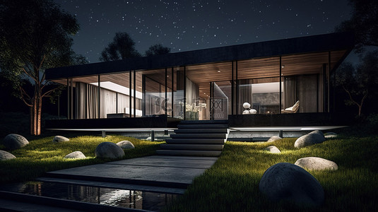 3d 渲染中现代豪华住宅的大理石露台和郁郁葱葱的草坪的夜景