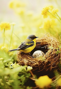 黄色和黑色的鸟坐在巢中