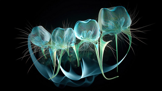 草药漩涡在 3D 渲染中围绕牙齿护理牙齿
