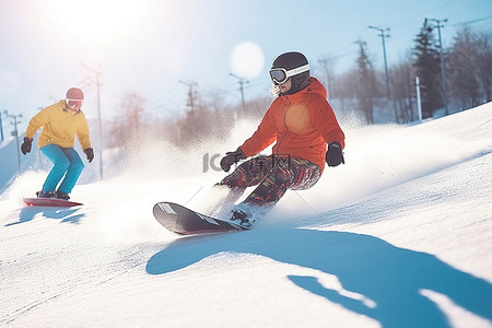 冬季滑雪运动背景图片_几个人滑雪下坡