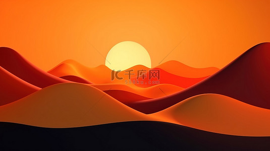 山日落背景图片_卡通风格的抽象山日落，橙色色调 3D 渲染