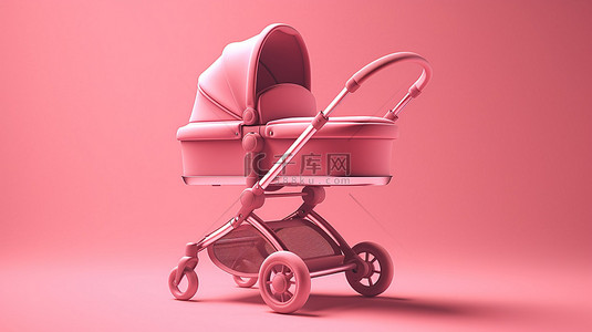 时尚的粉色婴儿车婴儿车和婴儿车模型，在粉色背景 3D 渲染下具有双色调风格